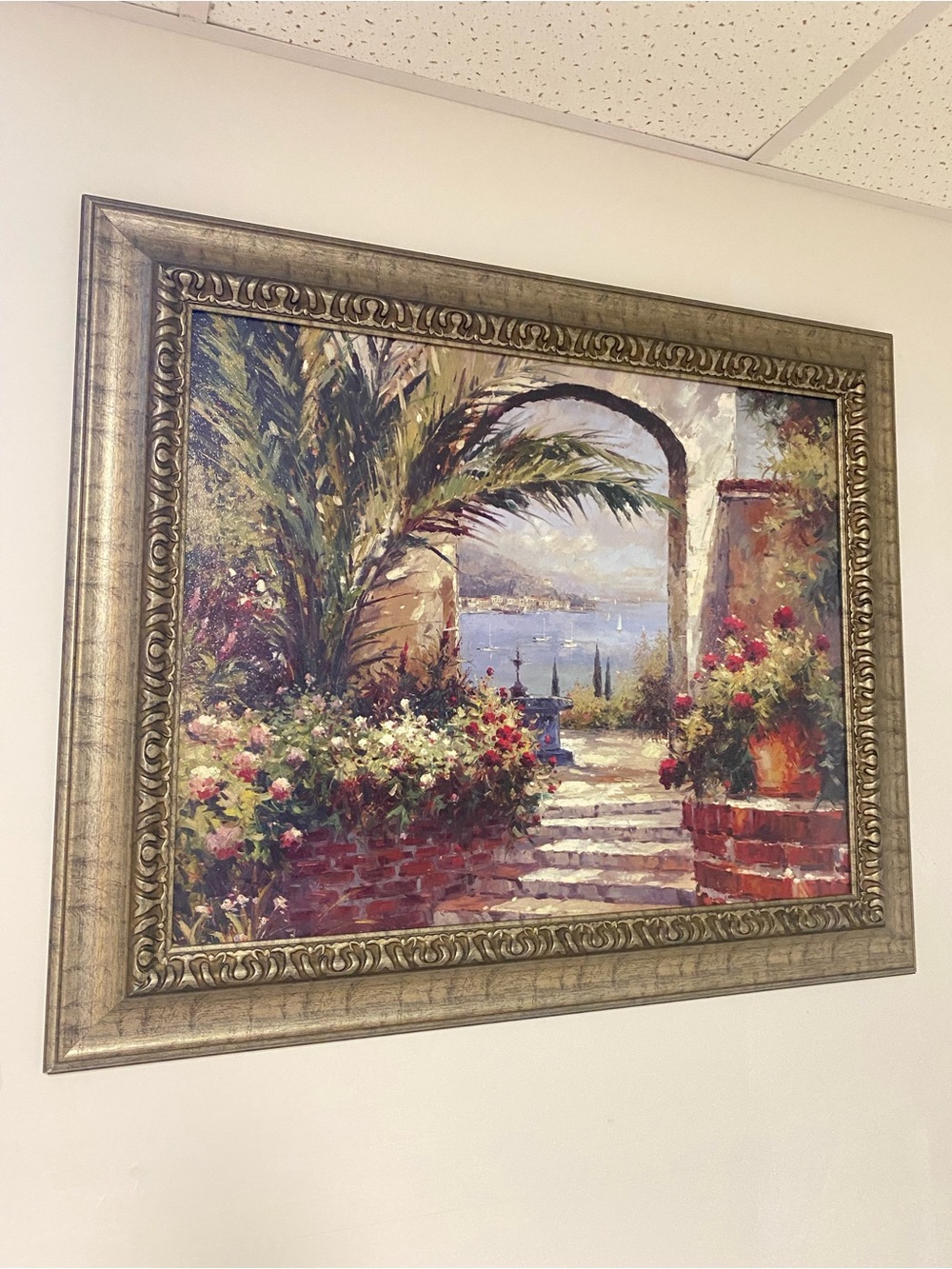 Mediterranean Seaside Garden Landscape Painting - Framed Oil Painting 40 x 28 in